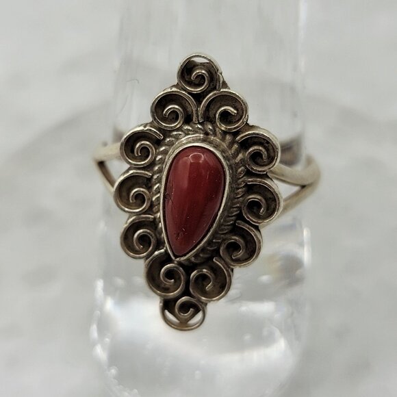 925 Sterling Silver Coral Ring 6.5 - Picture 2 of 6